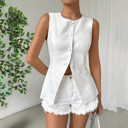 Sleeveless Button Round Neck Elegant Vest