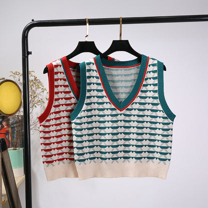 Retro Contrast Color Jacquard Ins Knitted Vest For Women