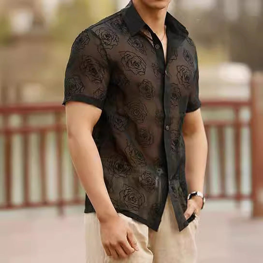 Men's Rose Flower Mesh See-through Button Short Sleeve