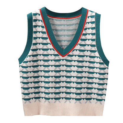 Retro Contrast Color Jacquard Ins Knitted Vest For Women