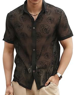 Men's Rose Flower Mesh See-through Button Short Sleeve