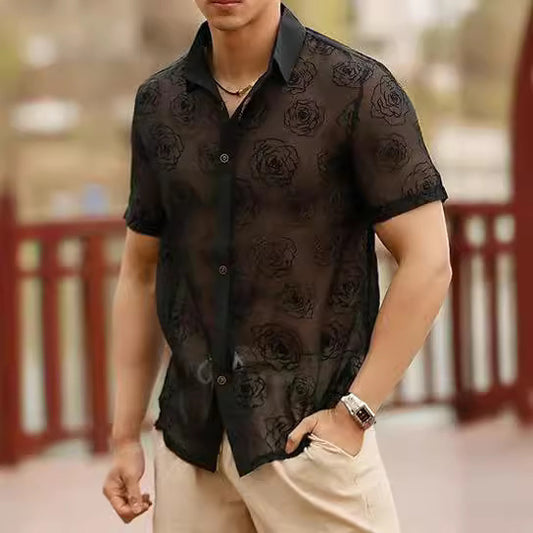 Men's Rose Flower Mesh See-through Button Short Sleeve