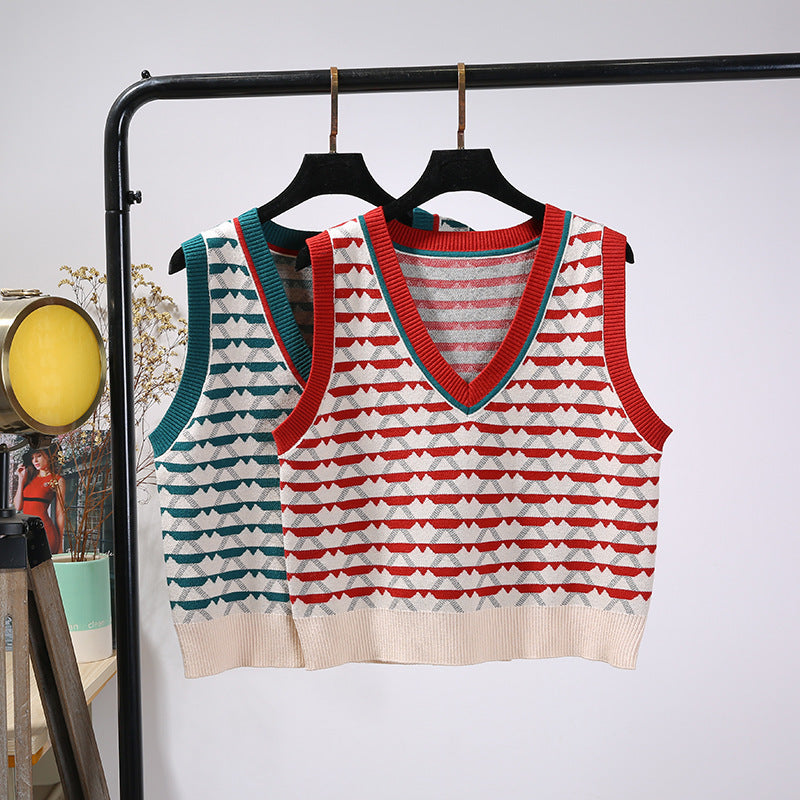 Retro Contrast Color Jacquard Ins Knitted Vest For Women