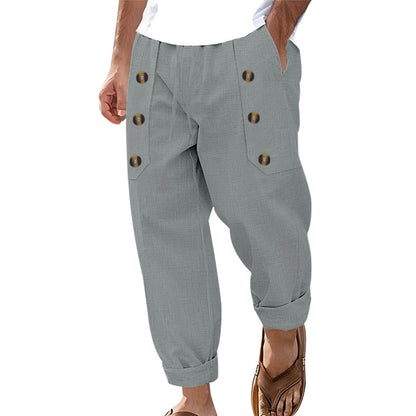 Hawaii Beach Men's Cotton And Linen Trousers With Multiple Buttons