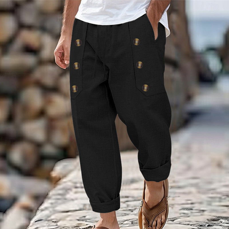 Hawaii Beach Men's Cotton And Linen Trousers With Multiple Buttons