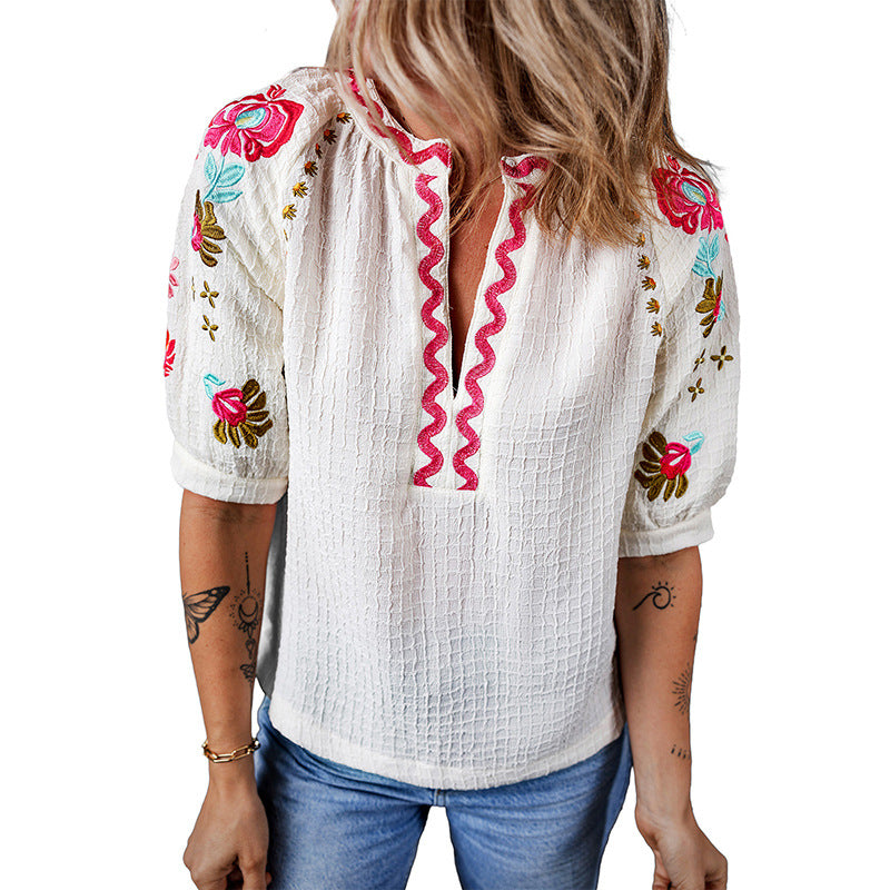 Spring New Multi-Color Half Casual Style Embroidered Chiffon Shirt Women