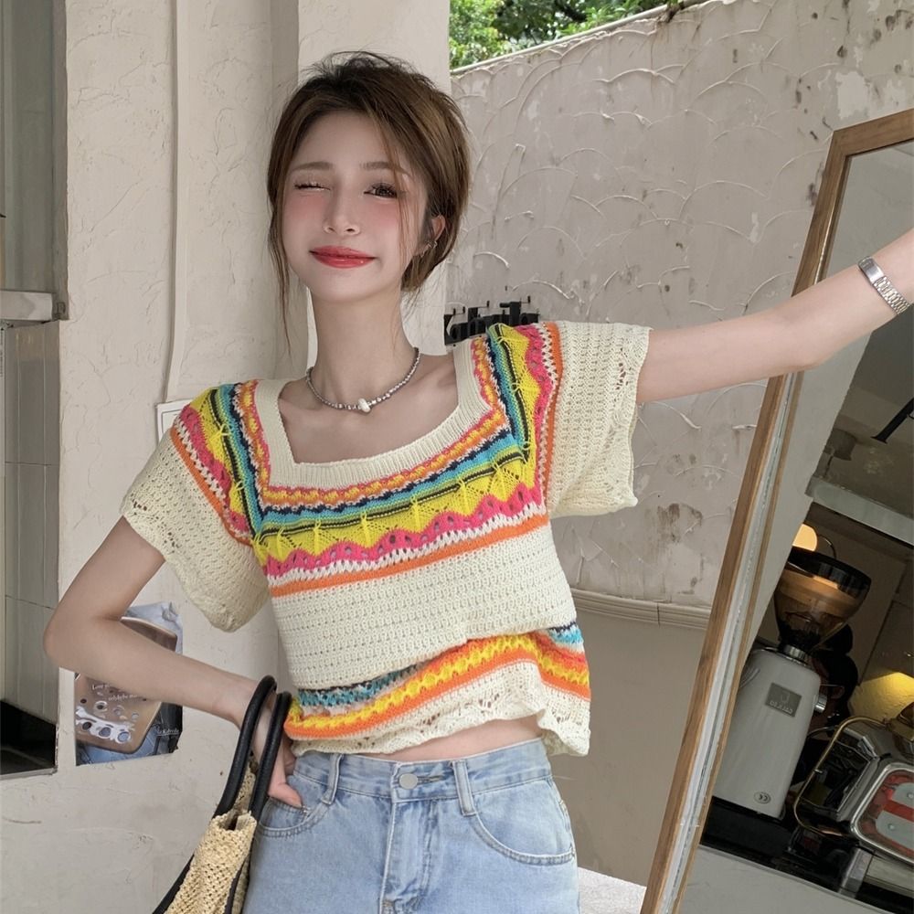 Summer Slim Chic Contrast Color Stripes Square Collar Short Sleeve