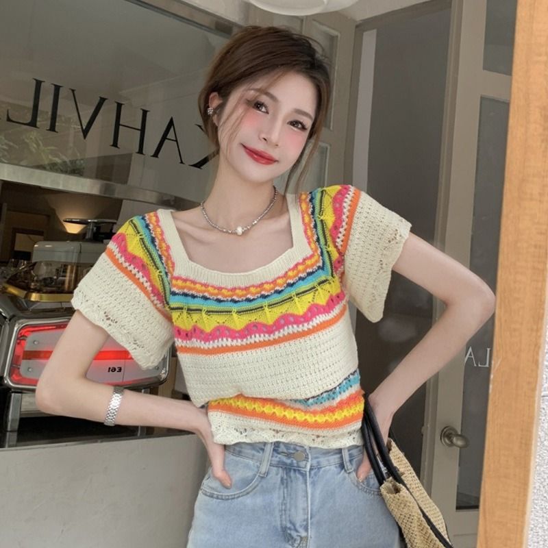 Summer Slim Chic Contrast Color Stripes Square Collar Short Sleeve