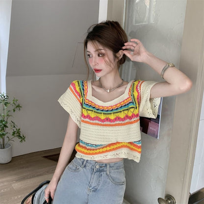 Summer Slim Chic Contrast Color Stripes Square Collar Short Sleeve