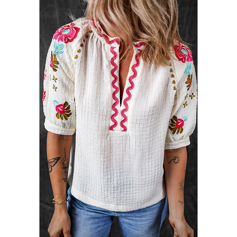 Spring New Multi-Color Half Casual Style Embroidered Chiffon Shirt Women