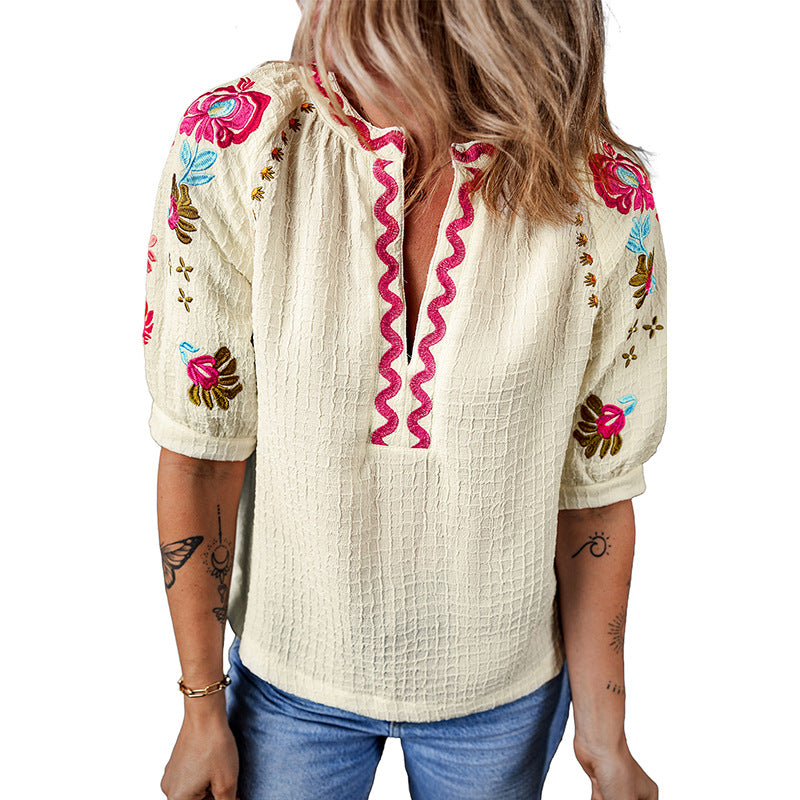 Spring New Multi-Color Half Casual Style Embroidered Chiffon Shirt Women