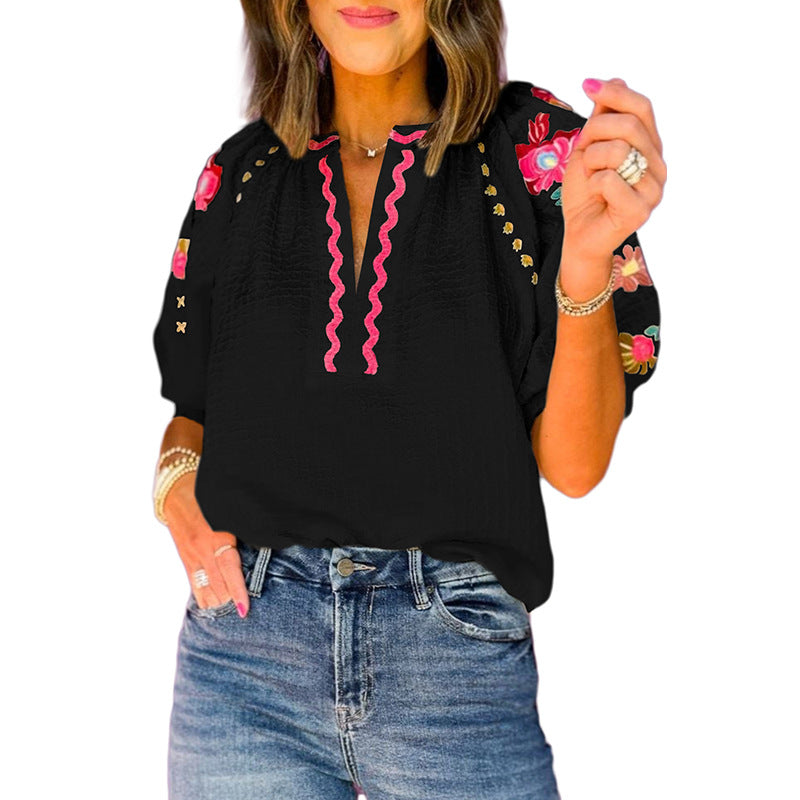 Spring New Multi-Color Half Casual Style Embroidered Chiffon Shirt Women