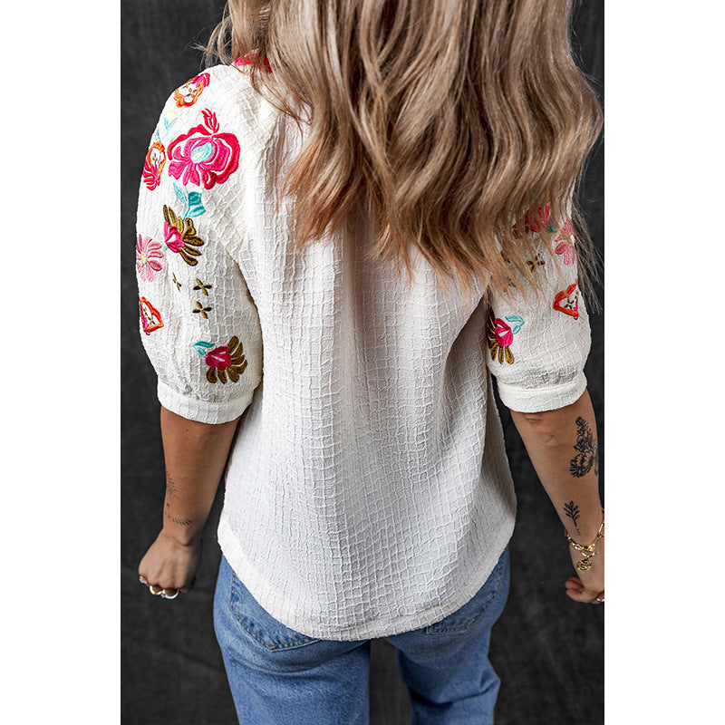 Spring New Multi-Color Half Casual Style Embroidered Chiffon Shirt Women