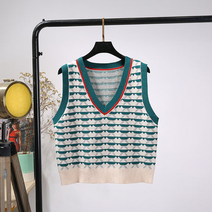 Retro Contrast Color Jacquard Ins Knitted Vest For Women