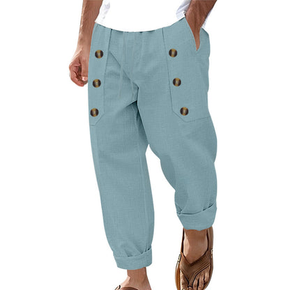 Hawaii Beach Men's Cotton And Linen Trousers With Multiple Buttons