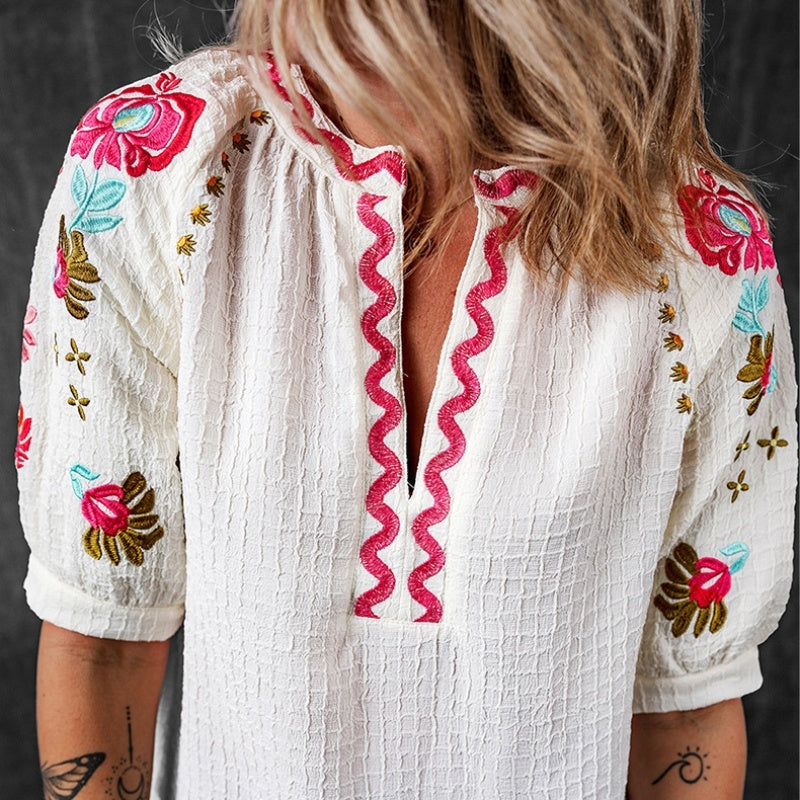 Spring New Multi-Color Half Casual Style Embroidered Chiffon Shirt Women