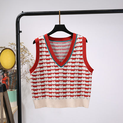 Retro Contrast Color Jacquard Ins Knitted Vest For Women